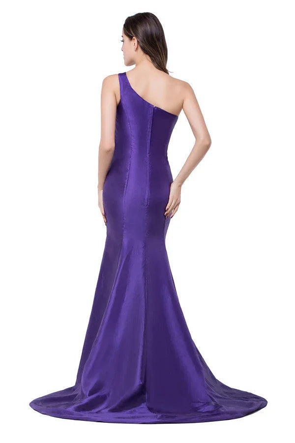 Vestidos de Dama de Honra em Cetim, Comprimento Varredura, Sereia, com Um Ombro Só