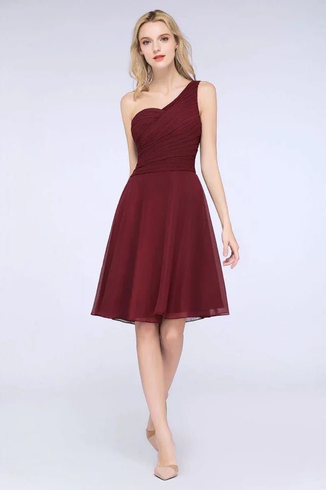 One-Shoulder Sweetheart Knee-Length Bridesmaid Dress Ruffles aline Party Dress