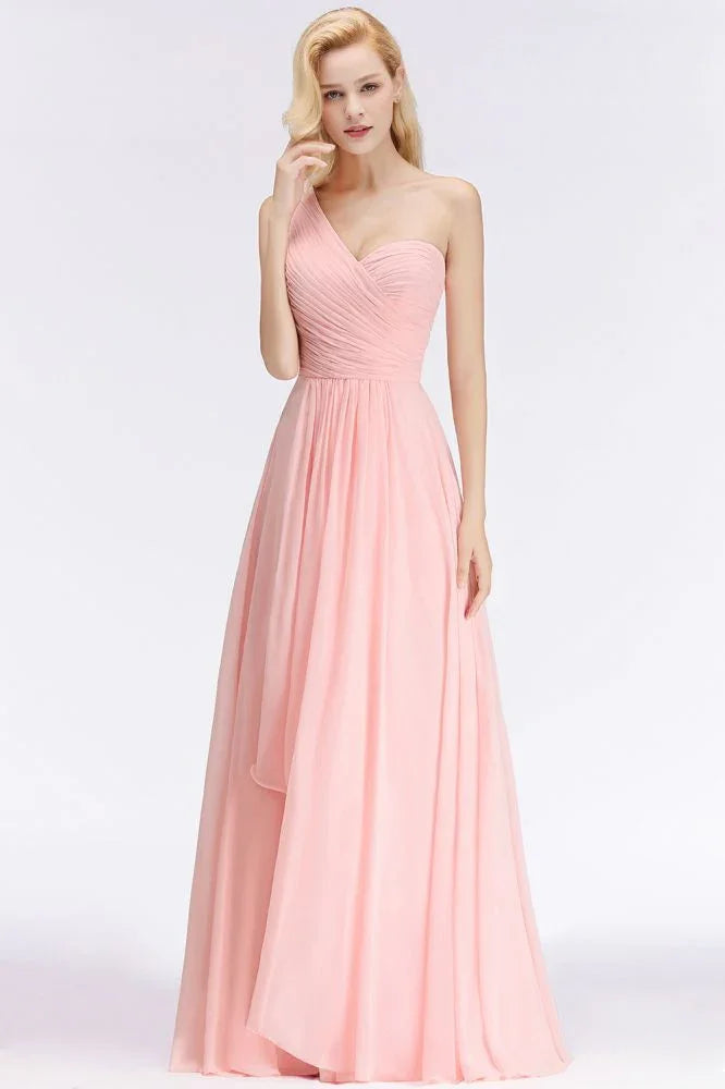 One-shoulder Sweetheart Ruffles Chiffon Bridesmaid Dress Aline Evening Dress