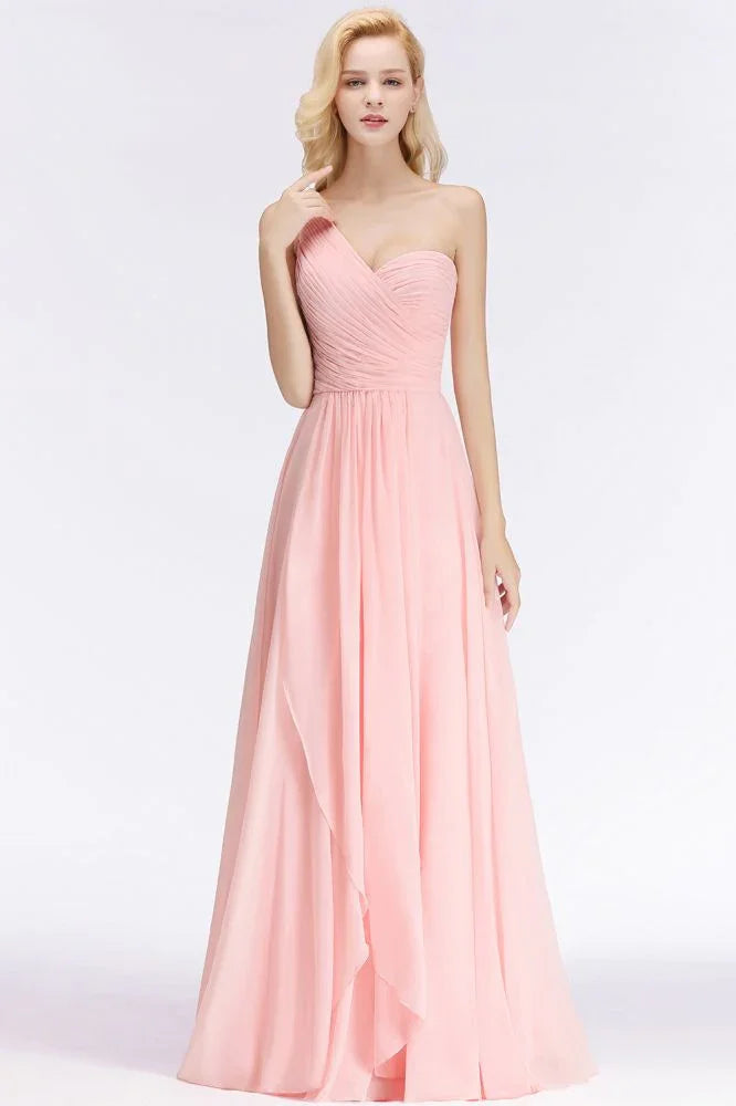 One-shoulder Sweetheart Ruffles Chiffon Bridesmaid Dress Aline Evening Dress