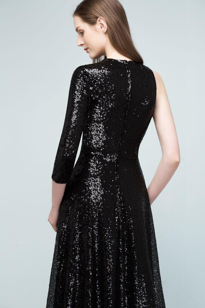 One-sleeve Black A-line Floor Length Sequined Prom Dresses