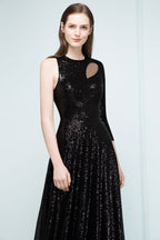 One-sleeve Black A-line Floor Length Sequined Prom Dresses