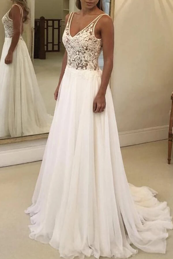 Robe de mariée en mousseline à col en V et dos ouvert avec dentelle