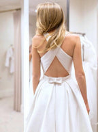 Vestidos de Noiva com Costas Abertas, Bolsos, Corte em A, Vestido Nupcial Cruzado