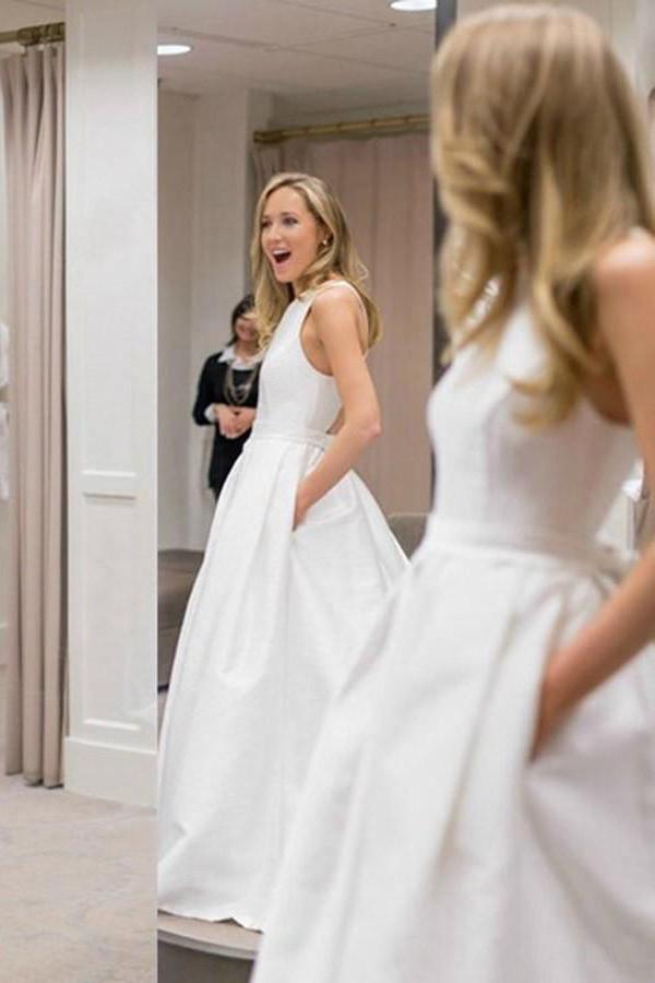 Vestidos de Noiva com Costas Abertas, Bolsos, Corte em A, Vestido Nupcial Cruzado