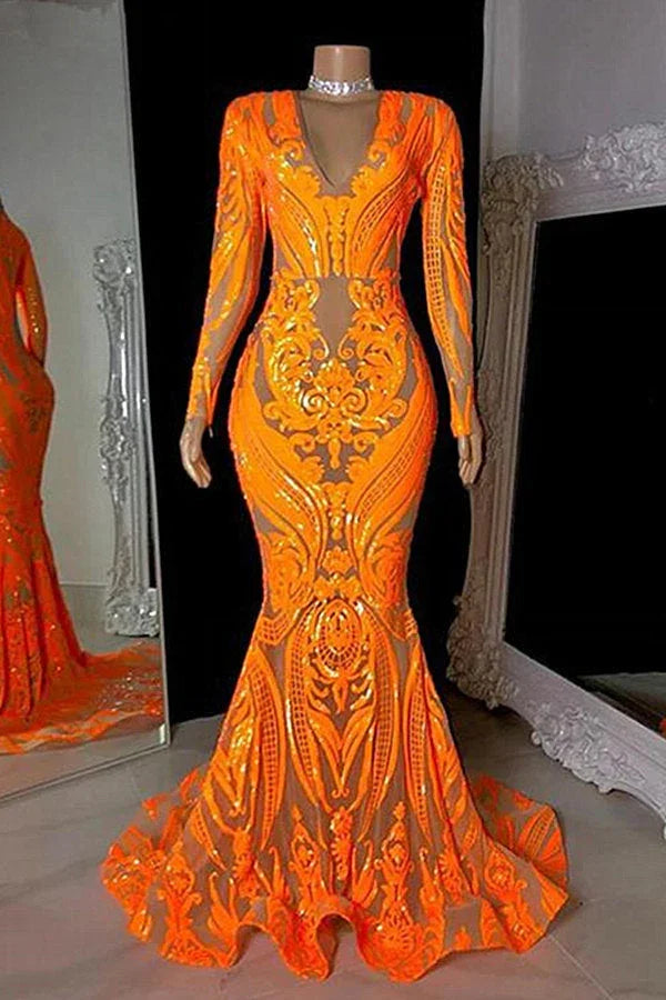 Vestidos de Baile Sereia de Renda com Apliques de Lantejoulas Laranja, Decote em V, Manga Comprida e Comprimento até ao Chão