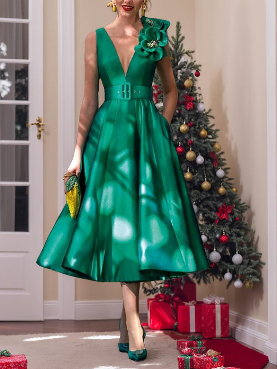 Vestido mãe da noiva com decote em V sem mangas evasé comprimento chá com faixa