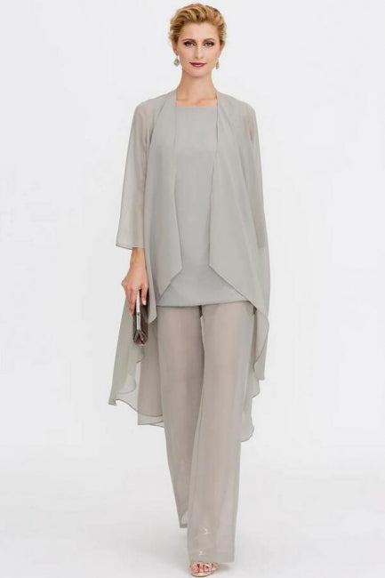 Fato de Calças de 3 Peças Vestido para Mãe da Noiva Tamanho Grande Comprimento ao Chão em Chiffon