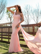 Vestidos de Baile de Cetim com Franzidos e Um Ombro Só SYP160