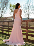 Vestidos de Baile de Cetim com Franzidos e Um Ombro Só SYP160
