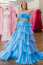 Peyton | A Line Strapless Long Prom Dress with Ruffles
