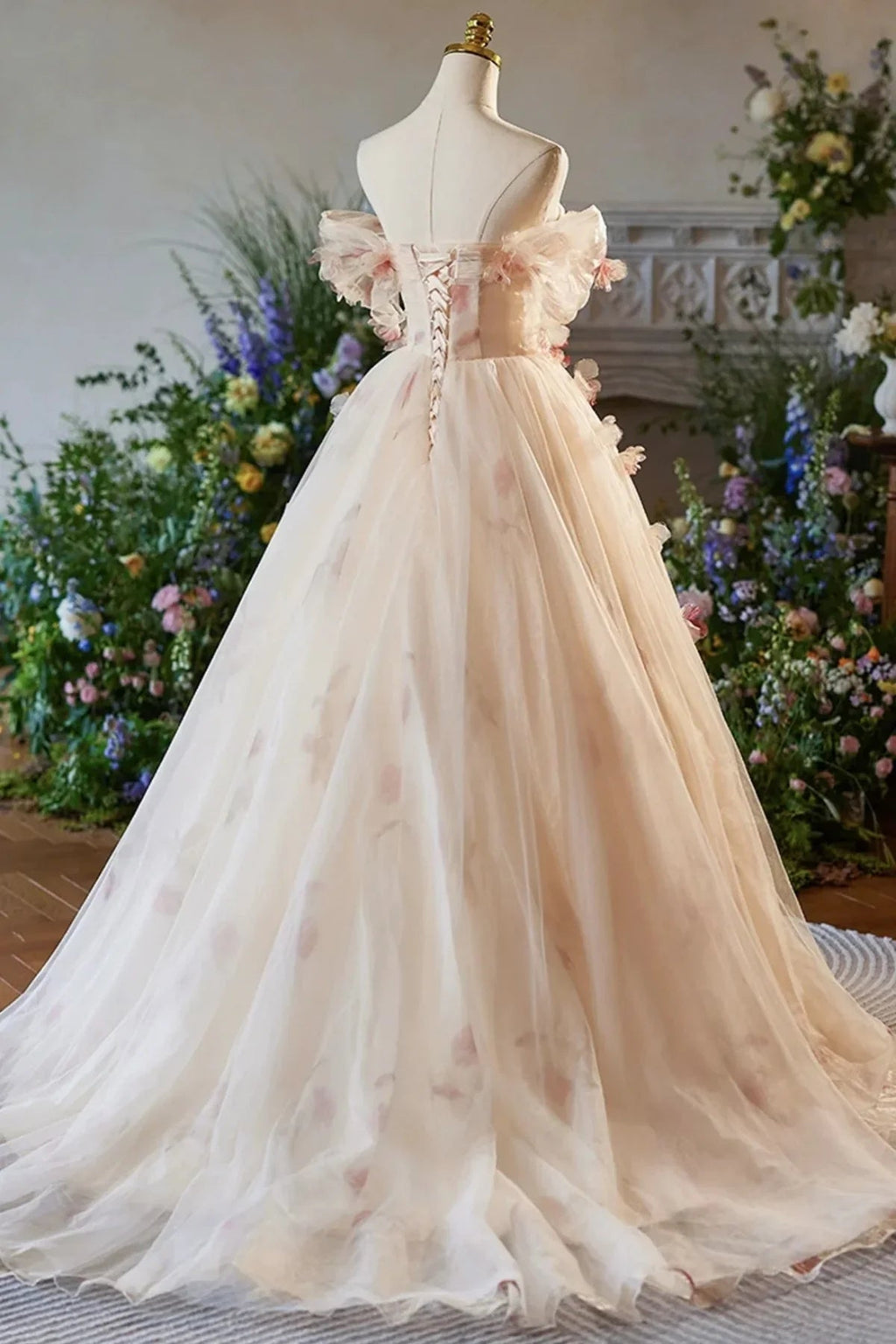Phebian | Vestidos largos de gala con tul floral y escote barco hasta el suelo