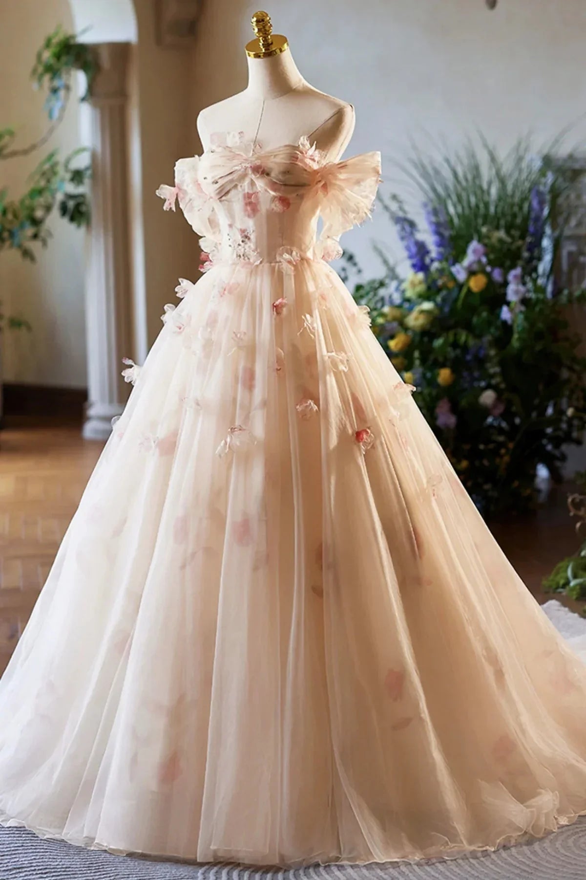 Phebian | Vestidos largos de gala con tul floral y escote barco hasta el suelo