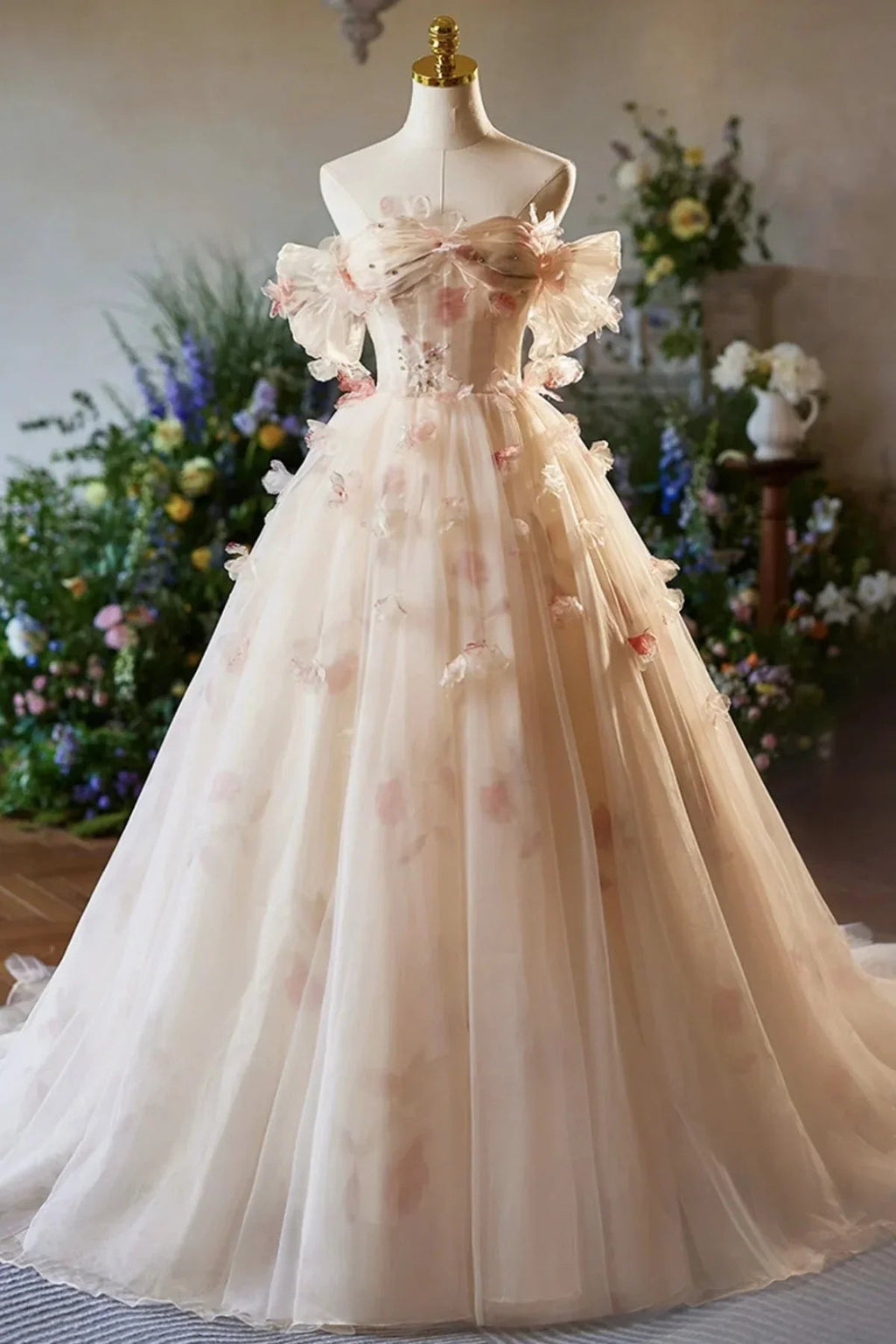 Phebian | Vestidos largos de gala con tul floral y escote barco hasta el suelo