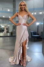 Phyllis | Vestido largo de gala amarillo sirena con tirantes finos de satén y cuentas