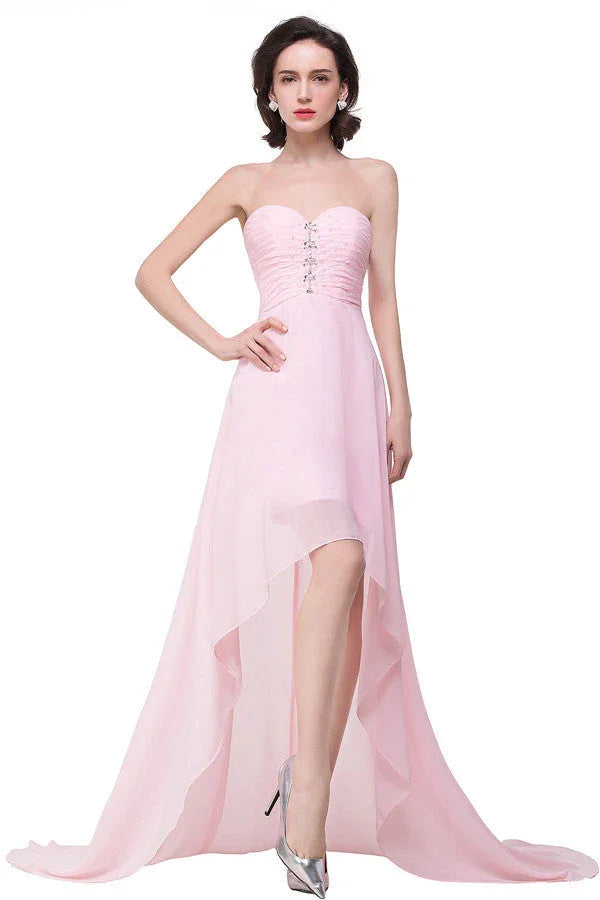 Pink A-line Hi-Lo Sweetheart Ruffle Chiffon Bridesmaid Dresses