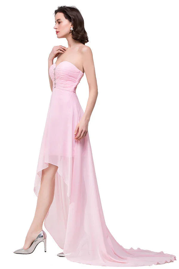 Pink A-line Hi-Lo Sweetheart Ruffle Chiffon Bridesmaid Dresses
