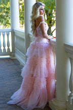 Vestidos longos de baile cor-de-rosa com folhos de tule em linha A, ombros descobertos e laço