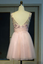 Vestidos de Cerimónia Curtos em Linha A com Contas de Cristal Cor-de-Rosa, Decote Redondo e Sem Mangas