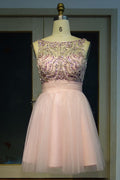 Vestidos de Cerimónia Curtos em Linha A com Contas de Cristal Cor-de-Rosa, Decote Redondo e Sem Mangas