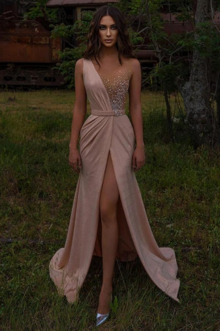 Vestidos de Noite Cor-de-Rosa Compridos com Decote em V | Vestidos de Baile com Brilho