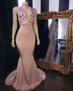 Robes longues de bal sirène avec appliques de fleurs roses, glamour, sans manches, col en V, robes de soirée