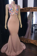 Robes longues de bal sirène avec appliques de fleurs roses, glamour, sans manches, col en V, robes de soirée