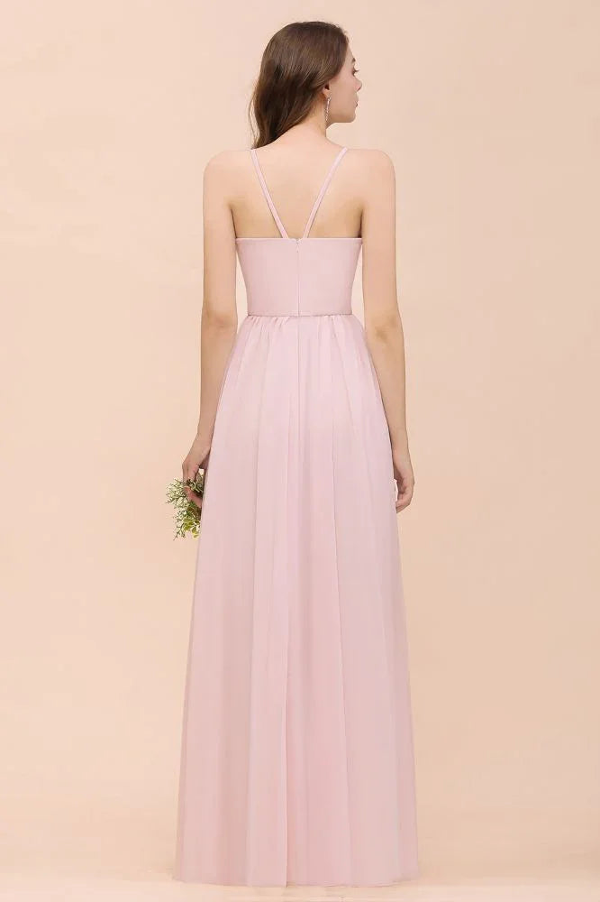 Rosa Mädchen Brautjungfernkleid mit Neckholder, bodenlang, aus Chiffon, Strandhochzeits- und Festkleid