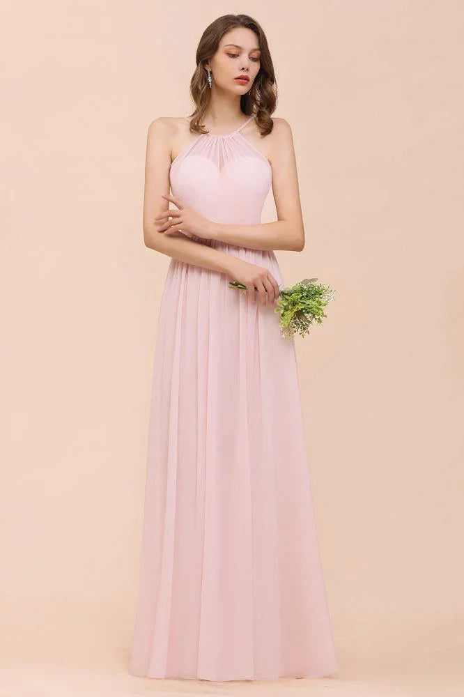 Rosa Mädchen Brautjungfernkleid mit Neckholder, bodenlang, aus Chiffon, Strandhochzeits- und Festkleid