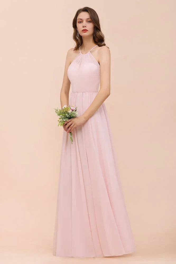 Rosa Mädchen Brautjungfernkleid mit Neckholder, bodenlang, aus Chiffon, Strandhochzeits- und Festkleid
