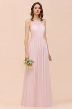 Rosa Mädchen Brautjungfernkleid mit Neckholder, bodenlang, aus Chiffon, Strandhochzeits- und Festkleid