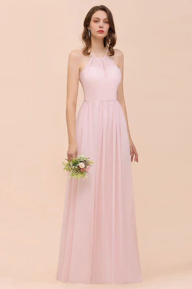 Rosa Mädchen Brautjungfernkleid mit Neckholder, bodenlang, aus Chiffon, Strandhochzeits- und Festkleid