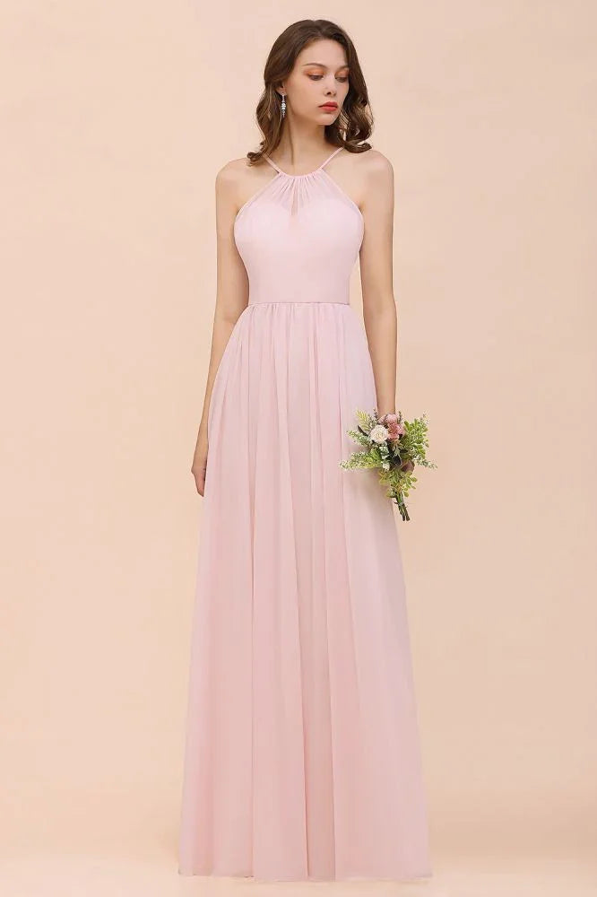 Rosa Mädchen Brautjungfernkleid mit Neckholder, bodenlang, aus Chiffon, Strandhochzeits- und Festkleid