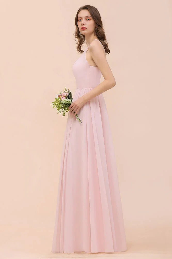 Rosa Mädchen Brautjungfernkleid mit Neckholder, bodenlang, aus Chiffon, Strandhochzeits- und Festkleid