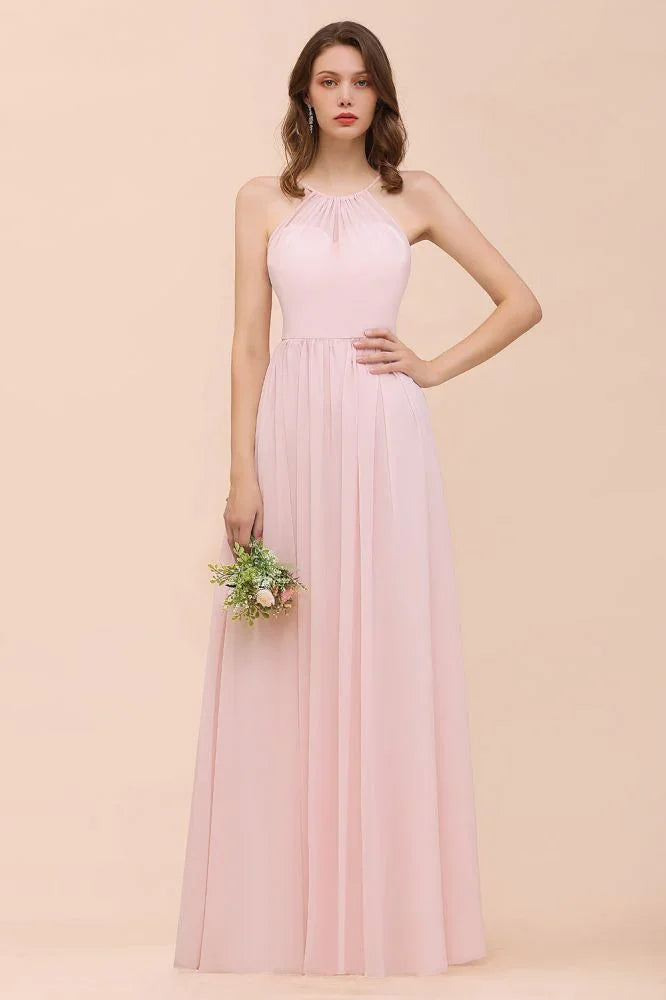Rosa Mädchen Brautjungfernkleid mit Neckholder, bodenlang, aus Chiffon, Strandhochzeits- und Festkleid