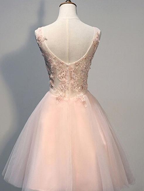 Abiti corti da sera rosa con pizzo, abiti da sera con applicazioni di pizzo, linea a tubino in tulle, abbigliamento da sera