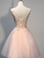 Abiti corti da sera rosa con pizzo, abiti da sera con applicazioni di pizzo, linea a tubino in tulle, abbigliamento da sera