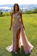 Abito lungo da sera sexy senza maniche in pizzo rosa con brillantini