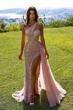 Abito lungo da sera sexy senza maniche in pizzo rosa con brillantini
