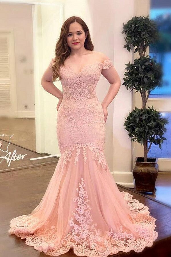 Robe de bal longue rose sirène en dentelle à épaules dénudées