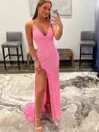 Robe de bal rose longue sirène à sequins, col en V, dos nu avec fente