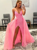 Robe de bal rose longue sirène à sequins, col en V, dos nu avec fente