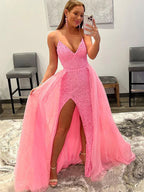 Robe de bal rose longue sirène à sequins, col en V, dos nu avec fente