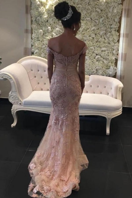 Abiti da sera rosa lunghi con pizzo luccicante e scollo a barca a sirena