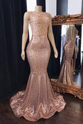 Robes de bal sirène roses à sequins longues en tulle dos nu robes de soirée