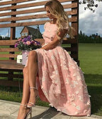 Abiti da cerimonia rosa corti con fiori, linea a campana, lunghezza tè