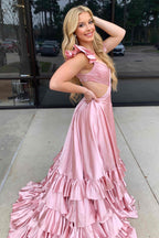 Cutout Ruffle A-Line Long Prom Dress with Slit
