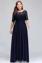 Robe de soirée longue évasée en dentelle florale grande taille à manches mi-longues pour fête