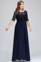 Robe de soirée longue évasée en dentelle florale grande taille à manches mi-longues pour fête