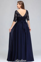 Robe de soirée longue évasée en dentelle florale grande taille à manches mi-longues pour fête